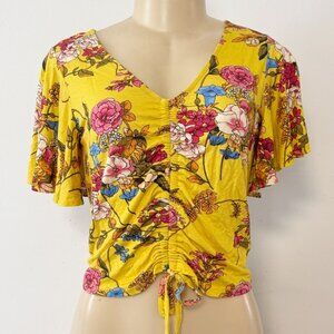 Como‎ Black Boho Flutter Sleeve Yellow Floral V-Neck Crop Top